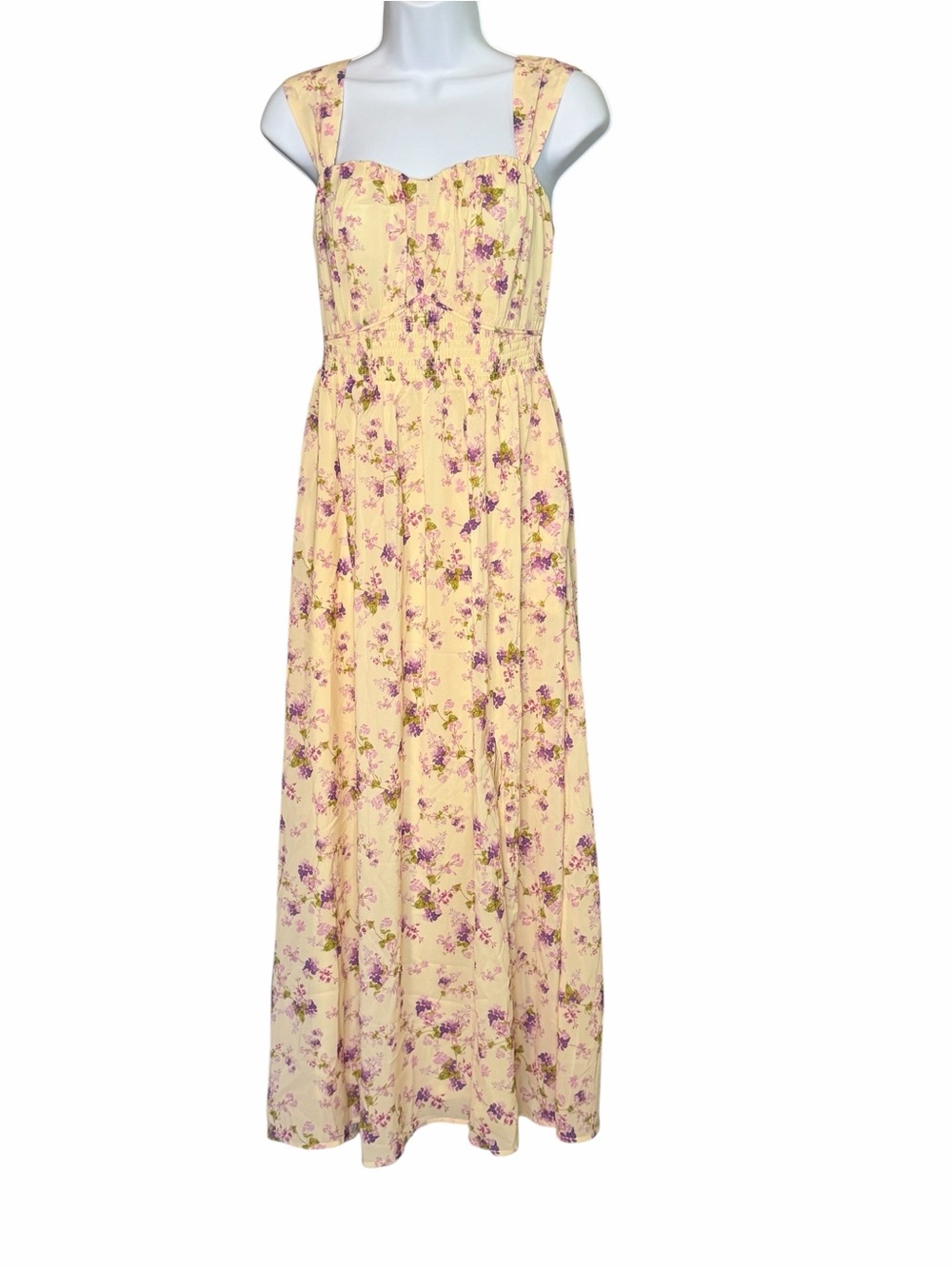 NWT Grace Karin Floral Maxi Dress Cream Purple Smocked Cottagecore Size Small - Picture 2 of 7